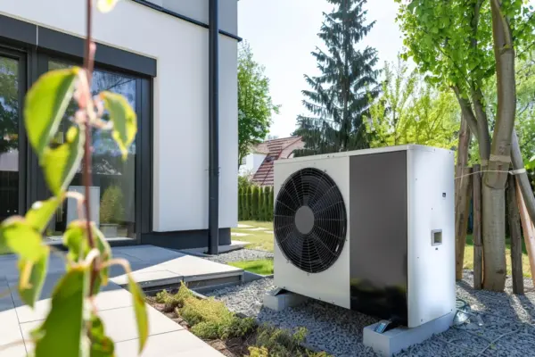 Luft-Wärmepumpe im Garten neben einem modernen Einfamilienhaus